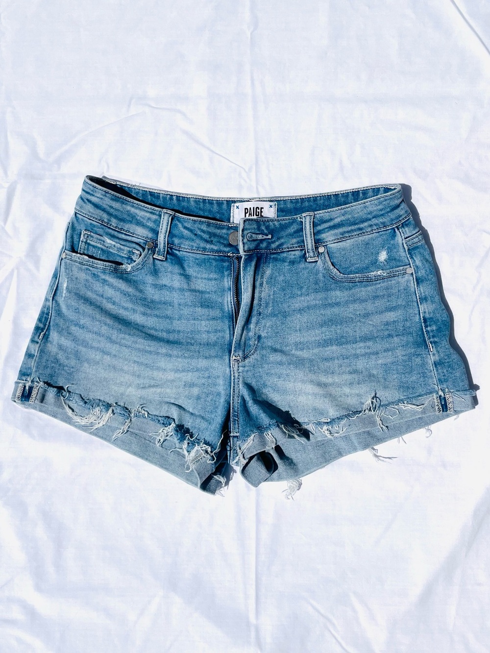 PAIGE Women’s Light Blue Frayed Hem Denim Shorts, Size 27